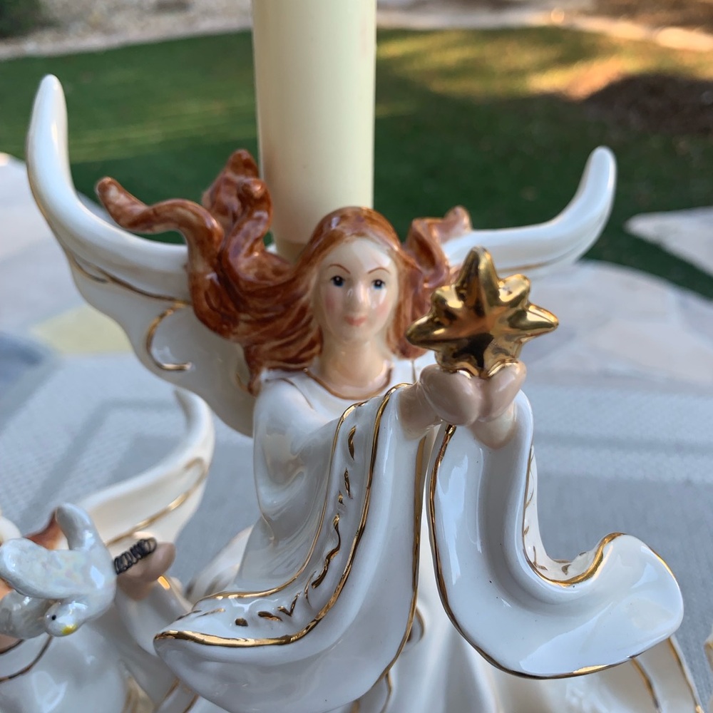 Elegant Trio of White Iridescent Porcelain Trimmed in Gold Angel Candleholders
